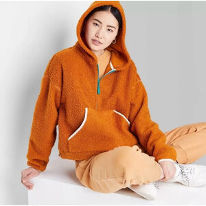 NWT Large Wild Fable Burnt Orange Sherpa Hoodie Pullover with Side Cinches